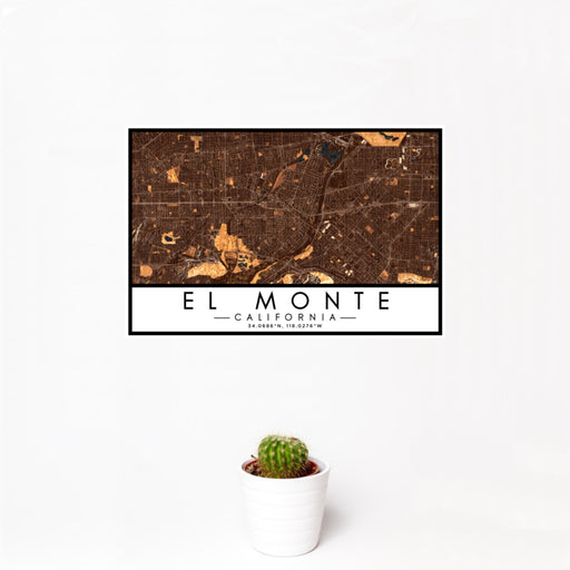12x18 El Monte California Map Print Landscape Orientation in Ember Style With Small Cactus Plant in White Planter