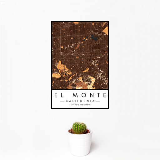 12x18 El Monte California Map Print Portrait Orientation in Ember Style With Small Cactus Plant in White Planter
