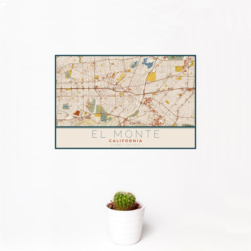 12x18 El Monte California Map Print Landscape Orientation in Woodblock Style With Small Cactus Plant in White Planter
