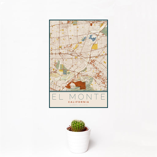 12x18 El Monte California Map Print Portrait Orientation in Woodblock Style With Small Cactus Plant in White Planter