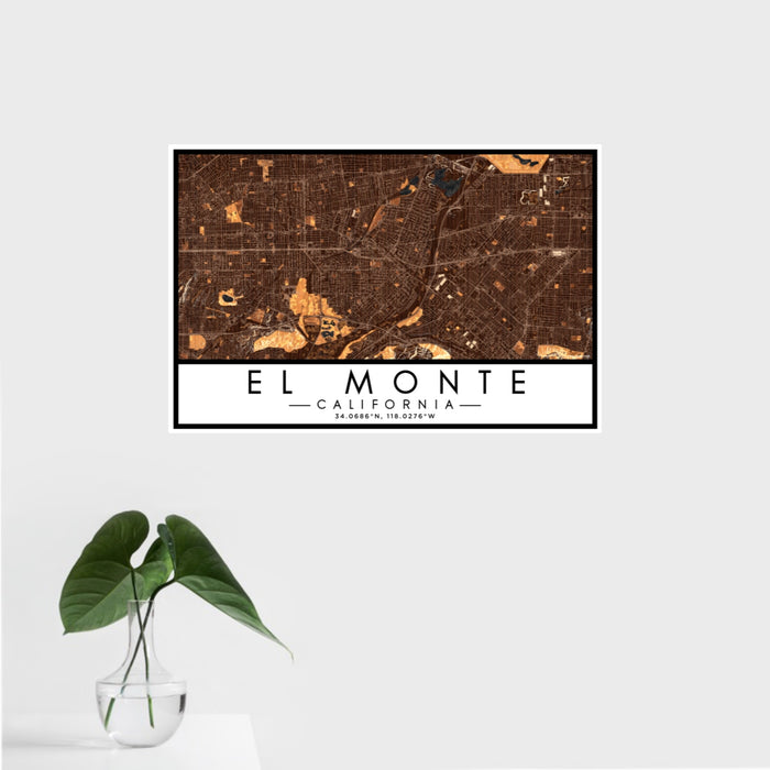 16x24 El Monte California Map Print Landscape Orientation in Ember Style With Tropical Plant Leaves in Water