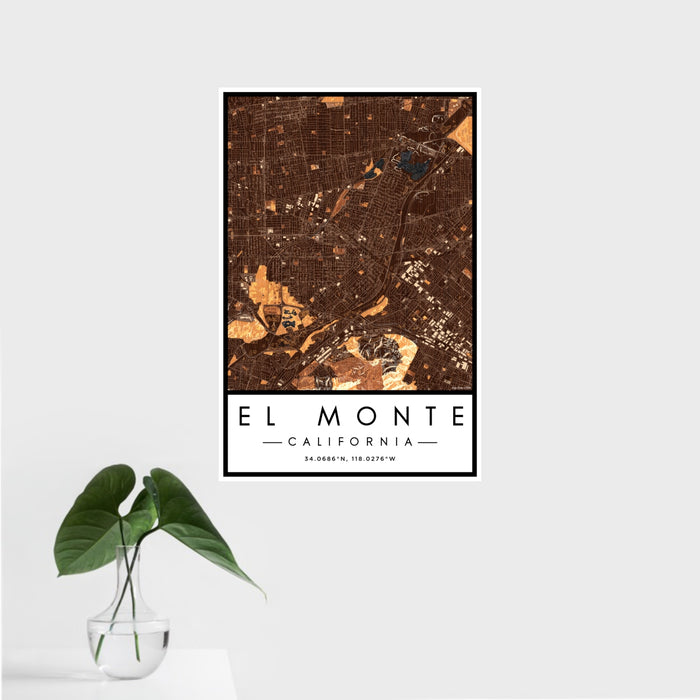 16x24 El Monte California Map Print Portrait Orientation in Ember Style With Tropical Plant Leaves in Water
