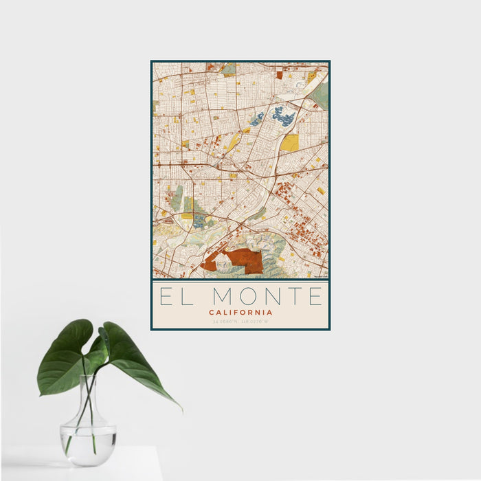 16x24 El Monte California Map Print Portrait Orientation in Woodblock Style With Tropical Plant Leaves in Water