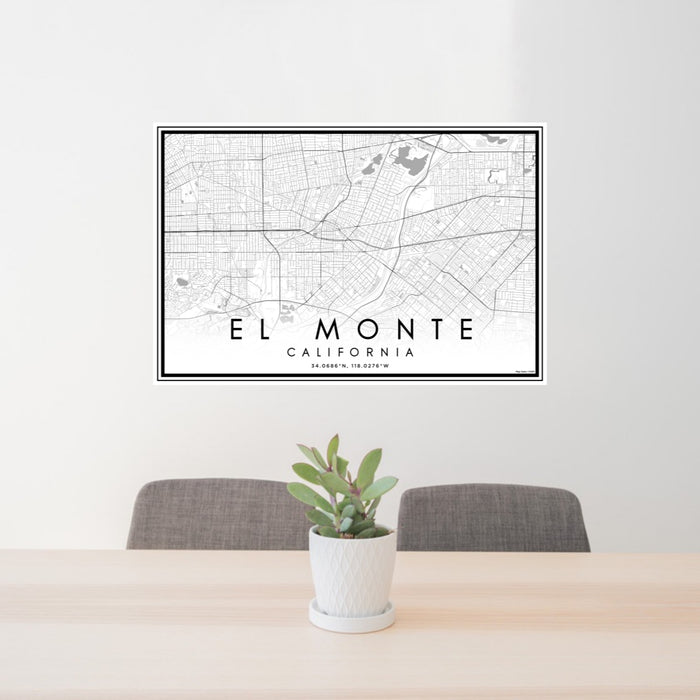 24x36 El Monte California Map Print Lanscape Orientation in Classic Style Behind 2 Chairs Table and Potted Plant