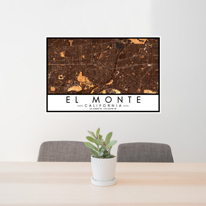 24x36 El Monte California Map Print Lanscape Orientation in Ember Style Behind 2 Chairs Table and Potted Plant