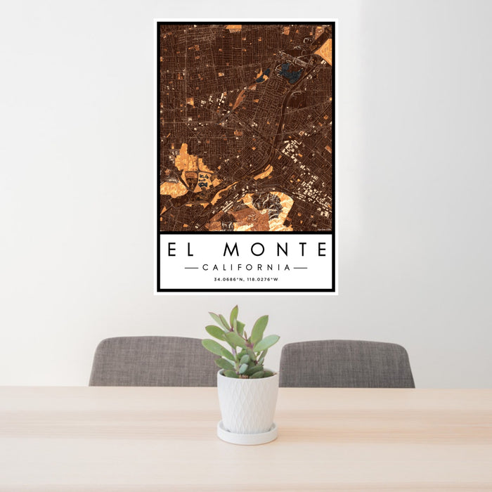 24x36 El Monte California Map Print Portrait Orientation in Ember Style Behind 2 Chairs Table and Potted Plant