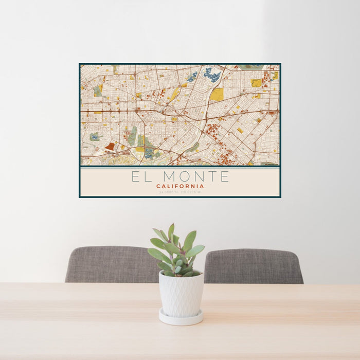 24x36 El Monte California Map Print Lanscape Orientation in Woodblock Style Behind 2 Chairs Table and Potted Plant