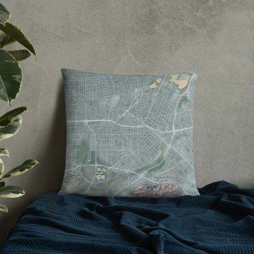 Custom El Monte California Map Throw Pillow in Afternoon on Bedding Against Wall