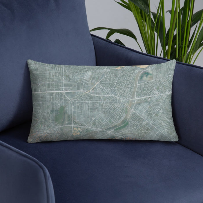 Custom El Monte California Map Throw Pillow in Afternoon on Blue Colored Chair
