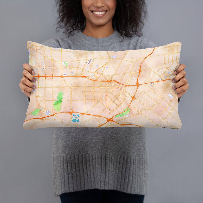 Person holding 20x12 Custom El Monte California Map Throw Pillow in Watercolor