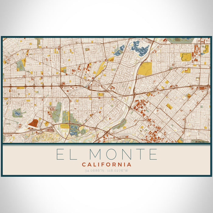 El Monte California Map Print Landscape Orientation in Woodblock Style With Shaded Background