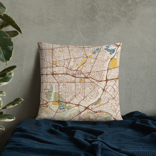Custom El Monte California Map Throw Pillow in Woodblock on Bedding Against Wall