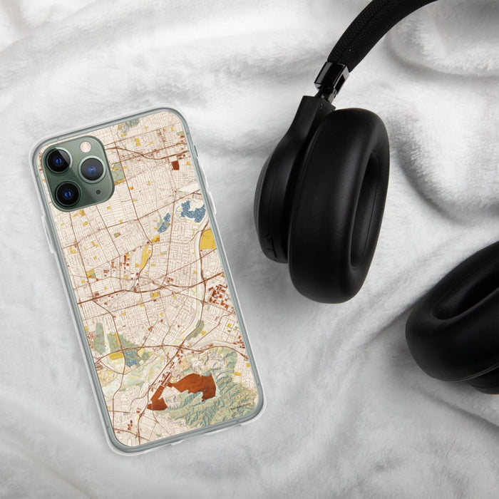 Custom El Monte California Map Phone Case in Woodblock on Table with Black Headphones