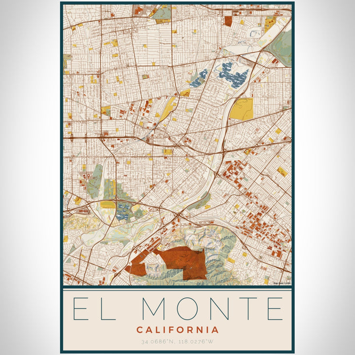 El Monte California Map Print Portrait Orientation in Woodblock Style With Shaded Background