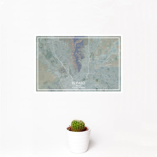 12x18 El Paso Texas Map Print Landscape Orientation in Afternoon Style With Small Cactus Plant in White Planter