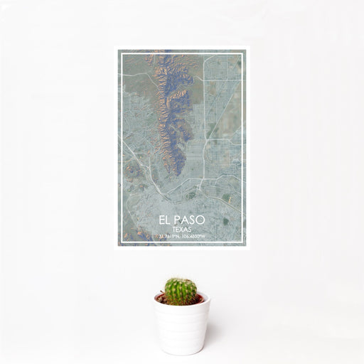 12x18 El Paso Texas Map Print Portrait Orientation in Afternoon Style With Small Cactus Plant in White Planter