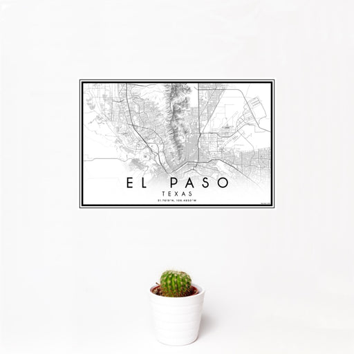 12x18 El Paso Texas Map Print Landscape Orientation in Classic Style With Small Cactus Plant in White Planter