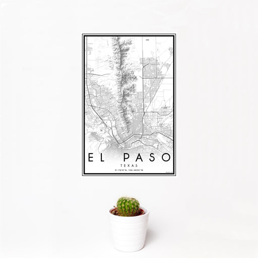 12x18 El Paso Texas Map Print Portrait Orientation in Classic Style With Small Cactus Plant in White Planter