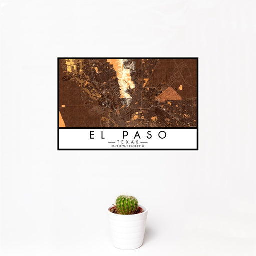 12x18 El Paso Texas Map Print Landscape Orientation in Ember Style With Small Cactus Plant in White Planter