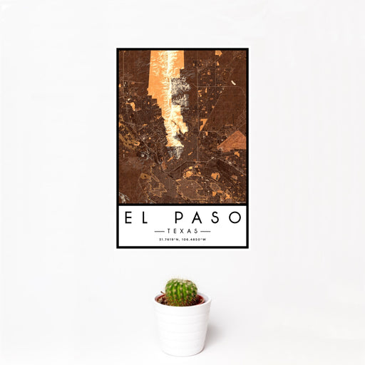 12x18 El Paso Texas Map Print Portrait Orientation in Ember Style With Small Cactus Plant in White Planter