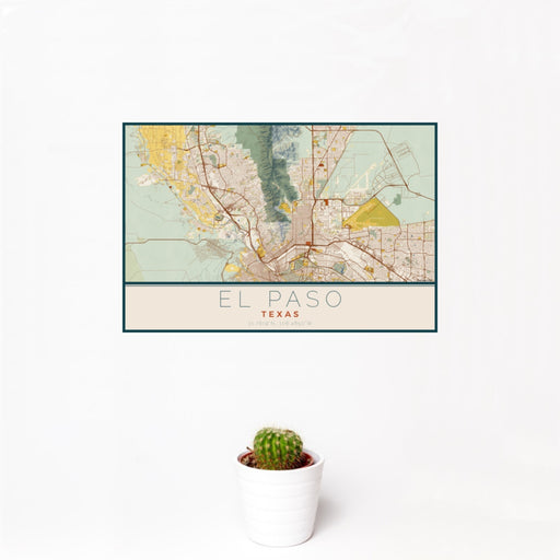 12x18 El Paso Texas Map Print Landscape Orientation in Woodblock Style With Small Cactus Plant in White Planter