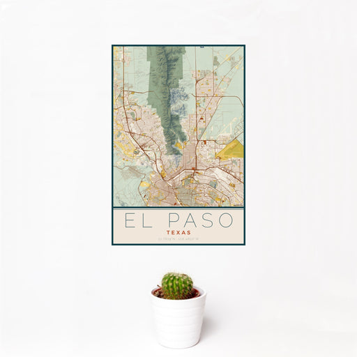 12x18 El Paso Texas Map Print Portrait Orientation in Woodblock Style With Small Cactus Plant in White Planter