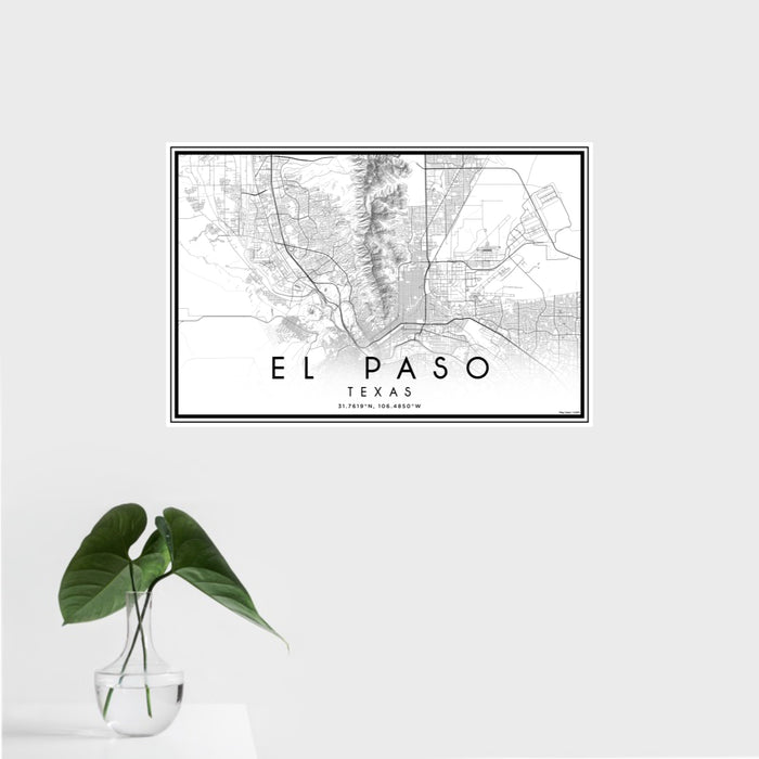 16x24 El Paso Texas Map Print Landscape Orientation in Classic Style With Tropical Plant Leaves in Water