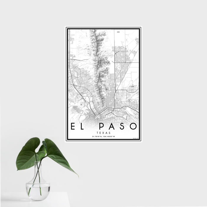 16x24 El Paso Texas Map Print Portrait Orientation in Classic Style With Tropical Plant Leaves in Water