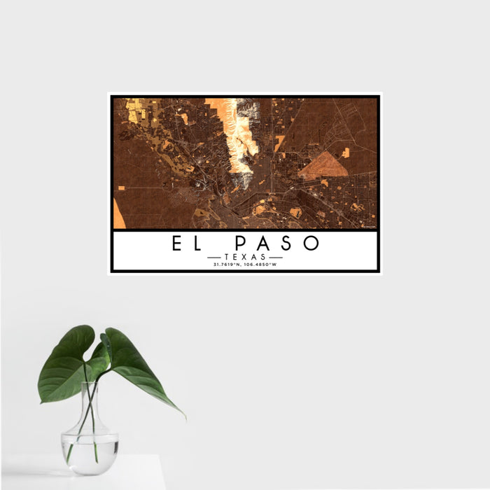 16x24 El Paso Texas Map Print Landscape Orientation in Ember Style With Tropical Plant Leaves in Water