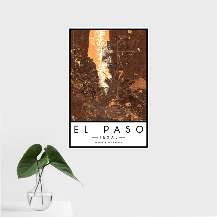 16x24 El Paso Texas Map Print Portrait Orientation in Ember Style With Tropical Plant Leaves in Water