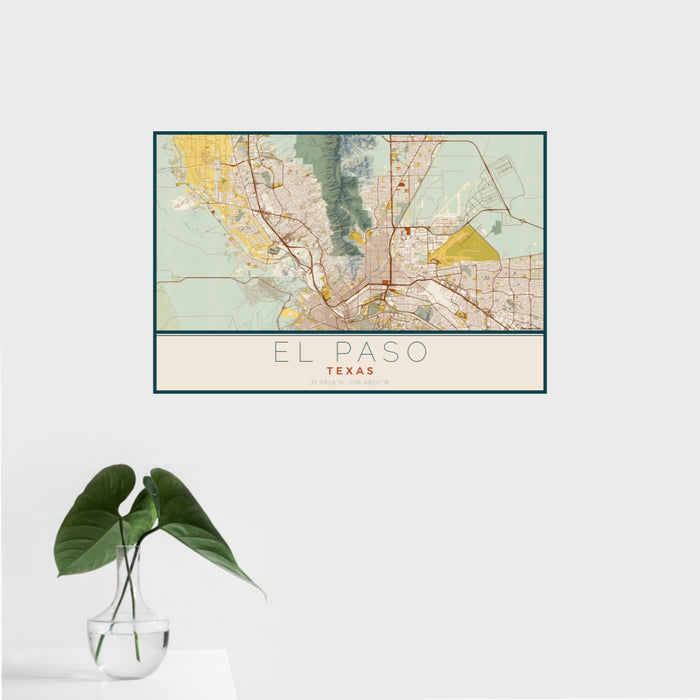 16x24 El Paso Texas Map Print Landscape Orientation in Woodblock Style With Tropical Plant Leaves in Water