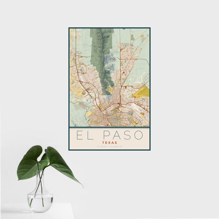 16x24 El Paso Texas Map Print Portrait Orientation in Woodblock Style With Tropical Plant Leaves in Water