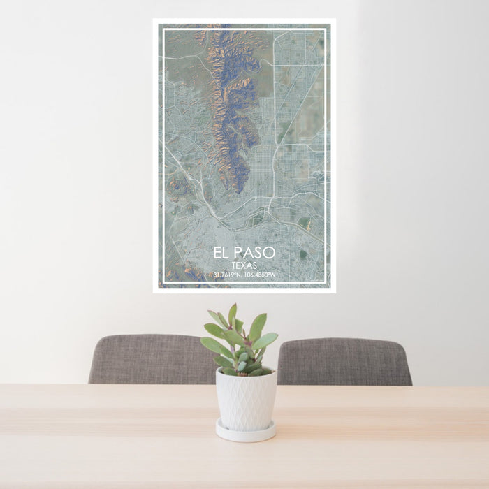 24x36 El Paso Texas Map Print Portrait Orientation in Afternoon Style Behind 2 Chairs Table and Potted Plant