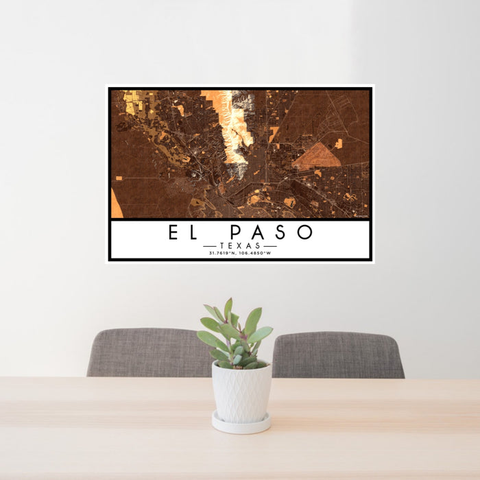 24x36 El Paso Texas Map Print Lanscape Orientation in Ember Style Behind 2 Chairs Table and Potted Plant