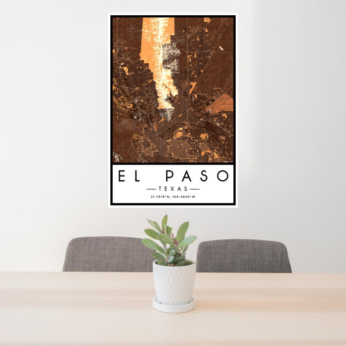 24x36 El Paso Texas Map Print Portrait Orientation in Ember Style Behind 2 Chairs Table and Potted Plant
