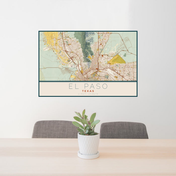 24x36 El Paso Texas Map Print Lanscape Orientation in Woodblock Style Behind 2 Chairs Table and Potted Plant