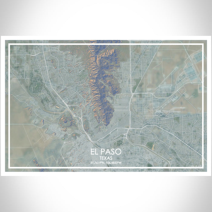 El Paso Texas Map Print Landscape Orientation in Afternoon Style With Shaded Background
