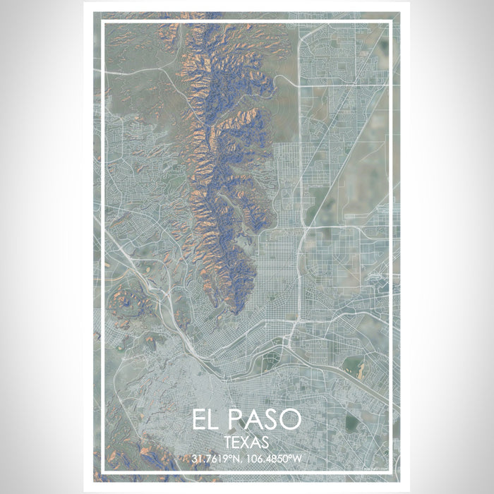 El Paso Texas Map Print Portrait Orientation in Afternoon Style With Shaded Background