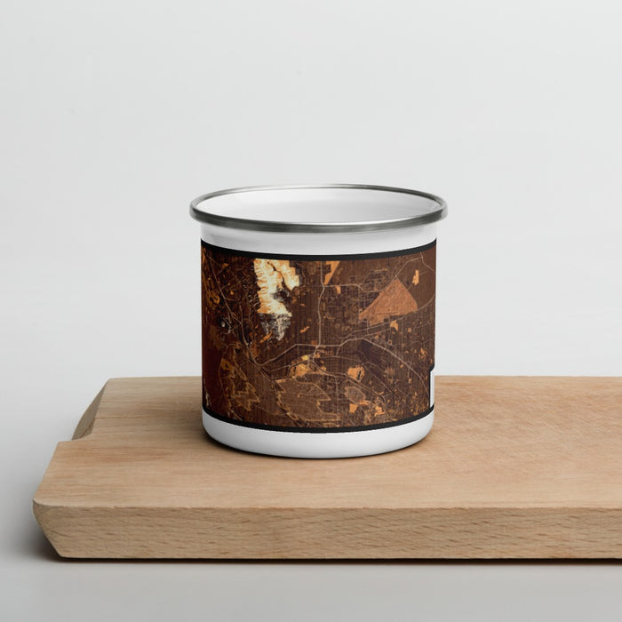 Front View Custom El Paso Texas Map Enamel Mug in Ember on Cutting Board