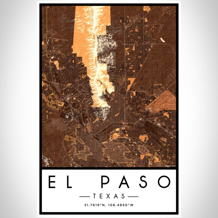 El Paso Texas Map Print Portrait Orientation in Ember Style With Shaded Background