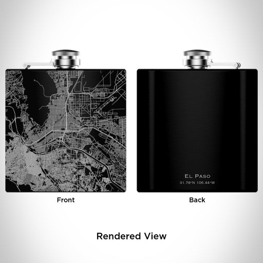 Rendered View of El Paso Texas Map Engraving on 6oz Stainless Steel Flask in Black