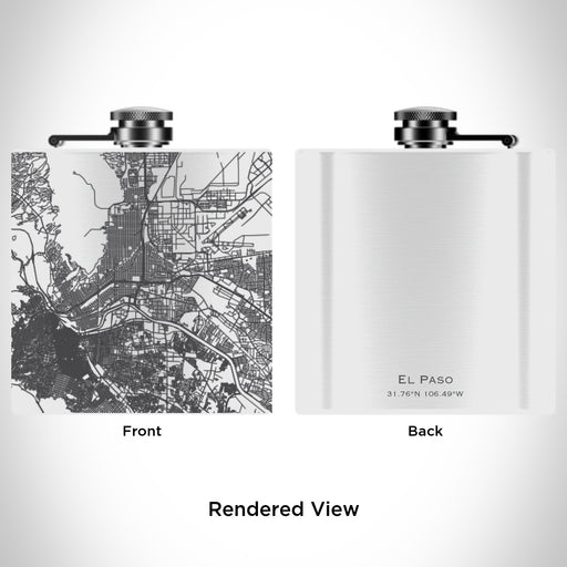 Rendered View of El Paso Texas Map Engraving on 6oz Stainless Steel Flask in White