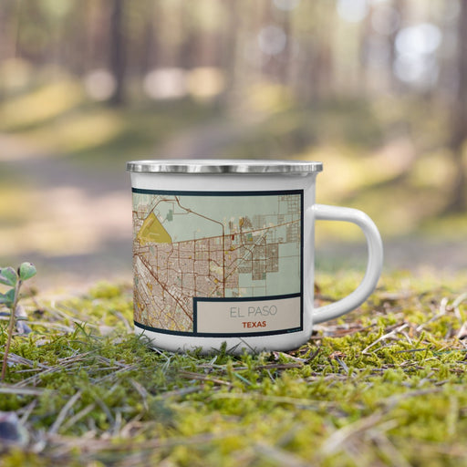 Right View Custom El Paso Texas Map Enamel Mug in Woodblock on Grass With Trees in Background