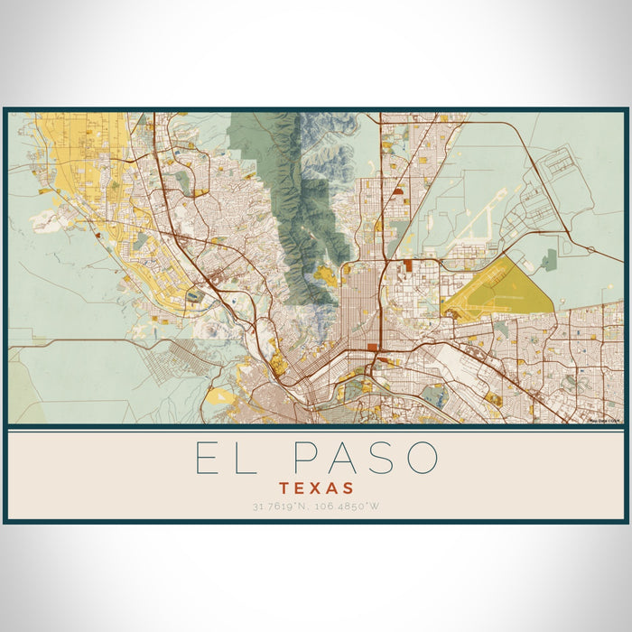 El Paso Texas Map Print Landscape Orientation in Woodblock Style With Shaded Background