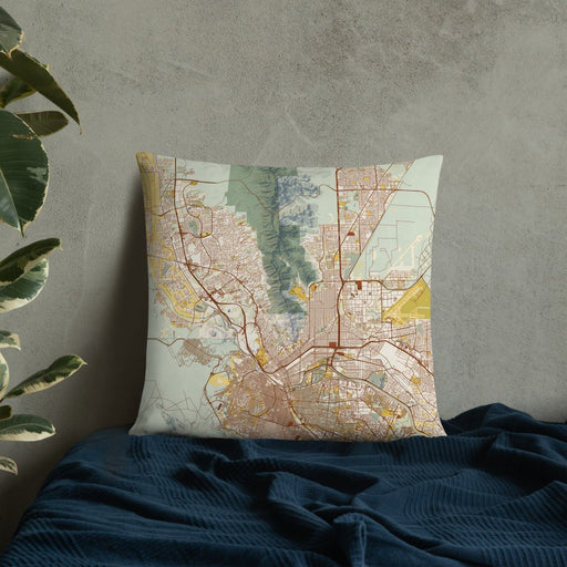Custom El Paso Texas Map Throw Pillow in Woodblock on Bedding Against Wall
