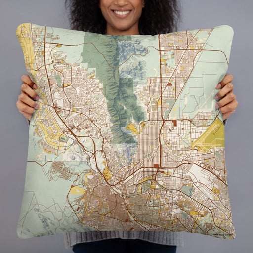 Person holding 22x22 Custom El Paso Texas Map Throw Pillow in Woodblock