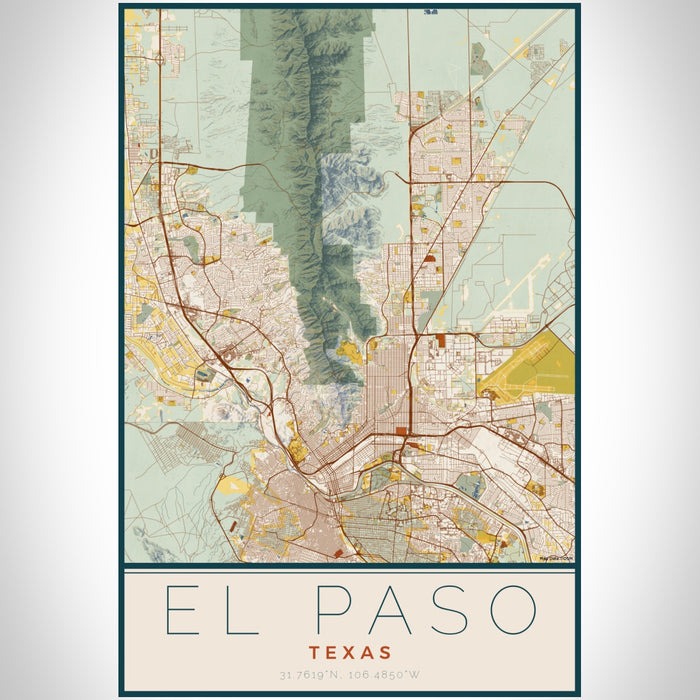 El Paso Texas Map Print Portrait Orientation in Woodblock Style With Shaded Background