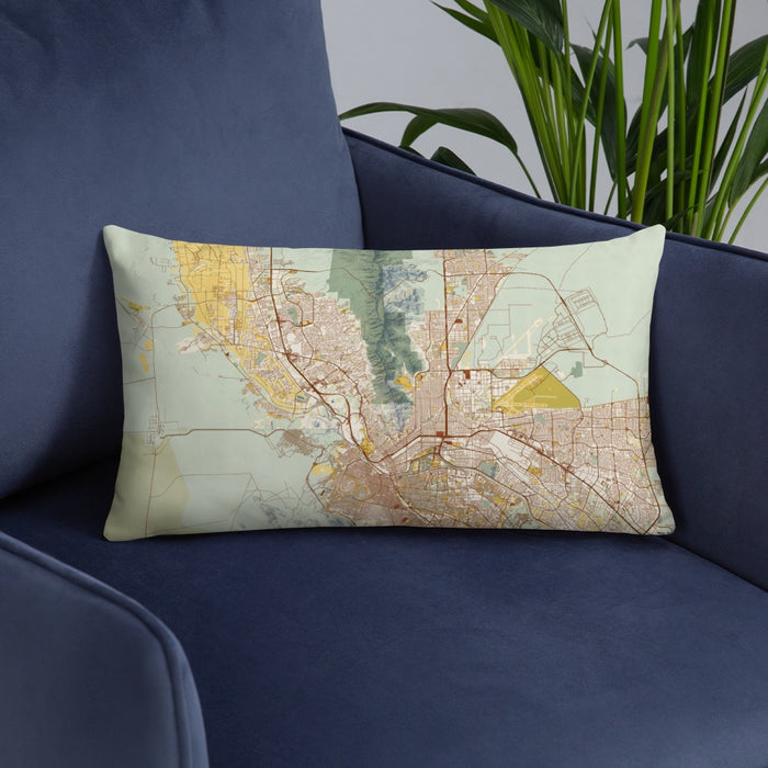 Custom El Paso Texas Map Throw Pillow in Woodblock on Blue Colored Chair