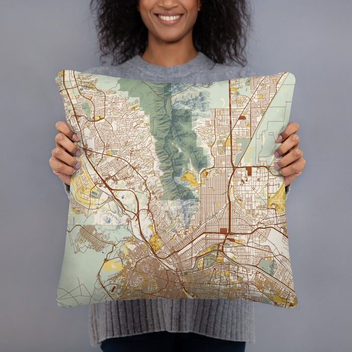 Person holding 18x18 Custom El Paso Texas Map Throw Pillow in Woodblock