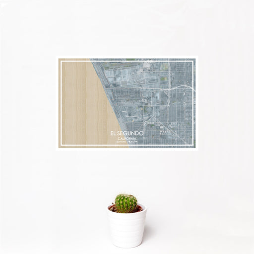 12x18 El Segundo California Map Print Landscape Orientation in Afternoon Style With Small Cactus Plant in White Planter